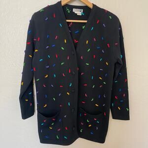 Vintage Womens Button Front Cardigan Size Small 100% Merino Wool Black Colorful